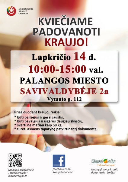 Lapkričio 14 d. Savivaldybėje – kraujo donorystės akcija