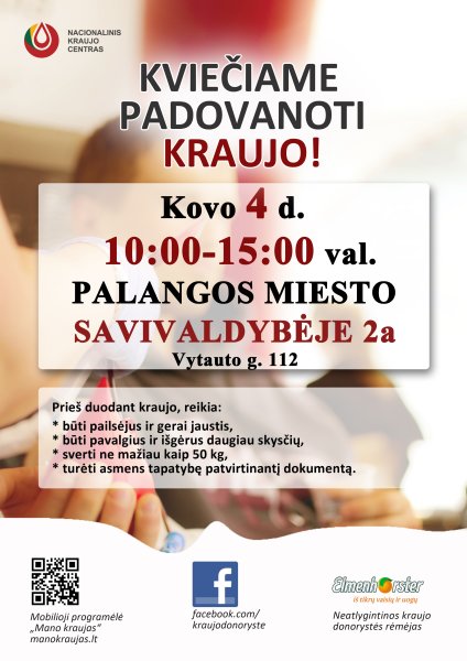 Kovo 4 d. Palangos miesto savivaldybėje - Kraujo donorystės akcija. Kviečiame dalyvauti
