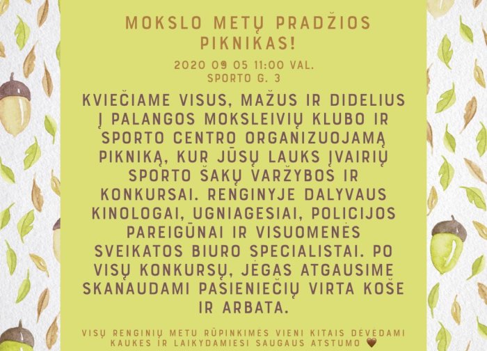 Rugsėjo 5 d. kviečiame dalyvauti Mokslo metų pradžios piknike