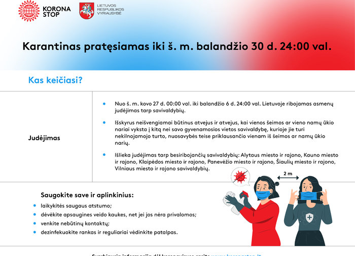 Nuo kovo 27 d. 00:00 val. iki balandžio 6 d. 24:00 val. Lietuvoje ribojamas asmenų judėjimas tarp...