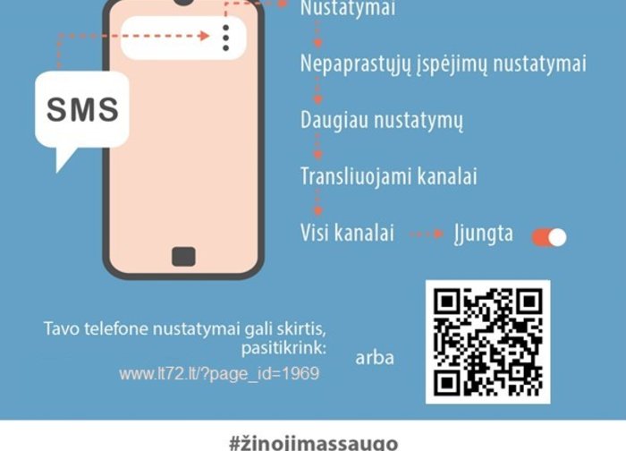 Informacija apie perspėjimo pranešimų priėmimo funkciją ir jos nustatymą mobiliajame telefone
