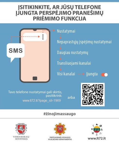Informacija apie perspėjimo pranešimų priėmimo funkciją ir jos nustatymą mobiliajame telefone