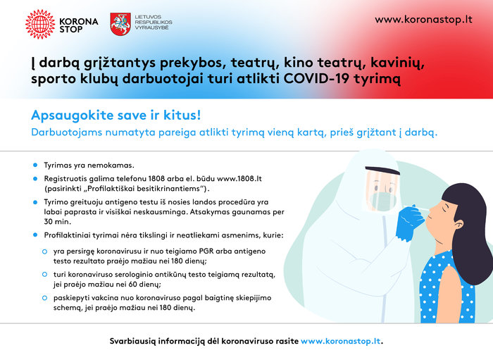 Į darbą grįžtantys prekybos, teatrų, kino teatrų, kavinių, sporto klubų darbuotojai turi atlikti...