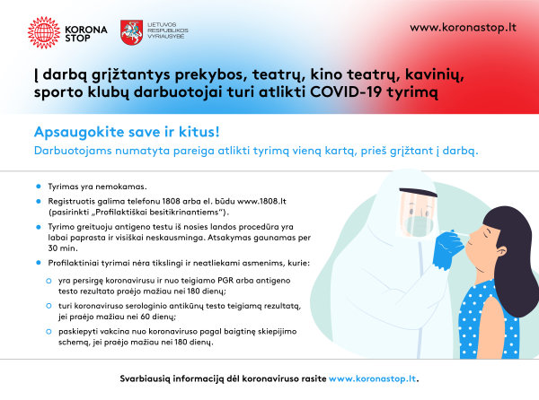 Į darbą grįžtantys prekybos, teatrų, kino teatrų, kavinių, sporto klubų darbuotojai turi atlikti...