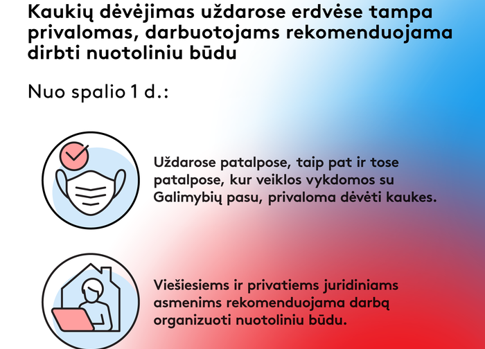 Nuo spalio 1 d. kaukių dėvėjimas uždarose erdvėse tampa privalomas, darbuotojams rekomenduojama...