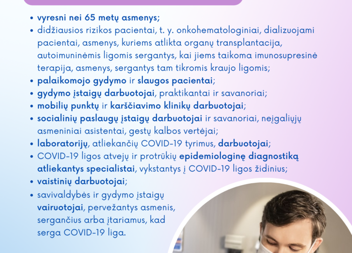 Sveikatos apsaugos ministerija rizikos grupes skatina pasiskiepyti trečiąja doze 
