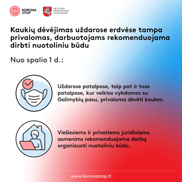 Nuo spalio 1 d. kaukių dėvėjimas uždarose erdvėse tampa privalomas, darbuotojams rekomenduojama...
