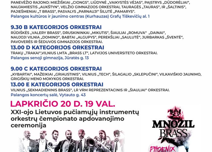 Lapkričio 20 d. Palangoje - atviras Lietuvos pučiamųjų instrumentų orkestrų čempionato finalas