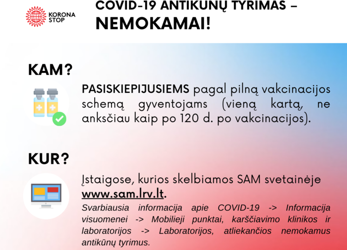Nuo gruodžio 1 d. pasiskiepiję žmonės galės atlikti nemokamą antikūnų testą