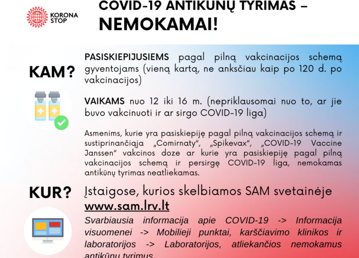 Plečiamas asmenų, galinčių atlikti nemokamą antikūnų tyrimą, sąrašas 