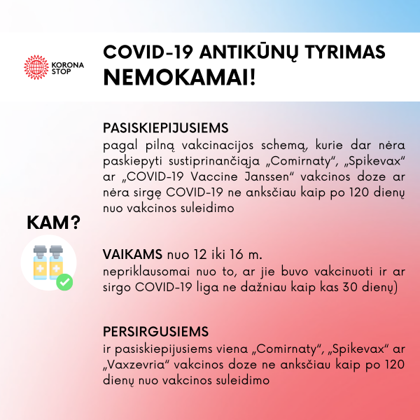 Plečiamos asmenų grupės, galinčios nemokamai išsitirti COVID-19 antikūnus