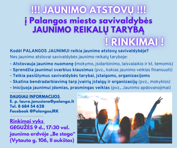 Jaunimo atstovų į Palangos miesto savivaldybės jaunimo reikalų tarybą rinkimai vyks gegužės 9 d.
