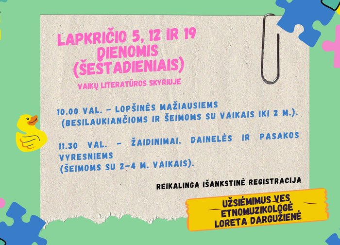 Palangos miesto viešojoje bibliotekoje vyks lopšinių ir tradicinių žaidinimų užsiėmimai 
