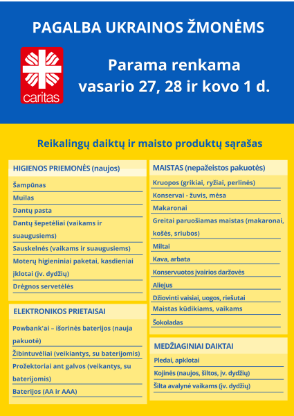 Startuoja 5-oji Caritas paramos Ukrainai akcija: 3 dienas 30 savivaldybių rinks daiktus ir maistą 
