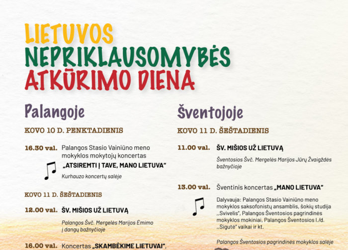 Lietuvos nepriklausomybės atkūrimo dieną Palangoje – šventinių renginių puokštė