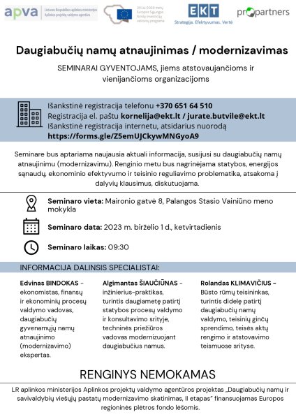 Kviečiame registruotis į seminarą„Daugiabučių namų atnaujinimas / modernizavimas“