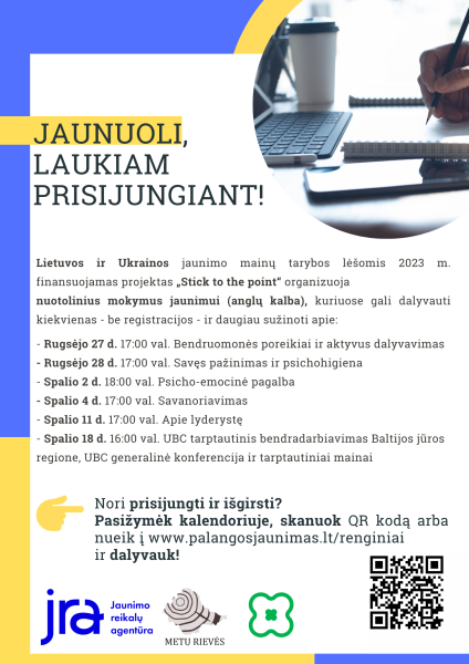  Projektas „Stick to the point“ organizuoja nuotolinius mokymus jaunimui