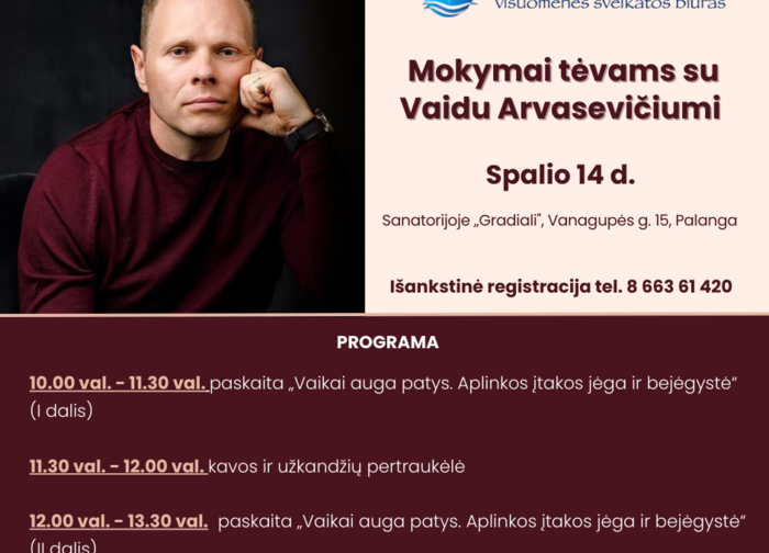 Spalio 14 d. – mokymai tėvams su Vaidu Arvasevičiumi
