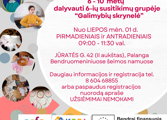Kviečiame registruotis į nemokamus užsiėmimus mergaitėms (6 - 10 metų) „Galimybių skrynelė"