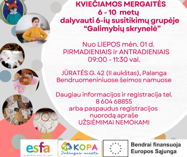 Kviečiame registruotis į nemokamus užsiėmimus mergaitėms (6 - 10 metų) „Galimybių skrynelė"