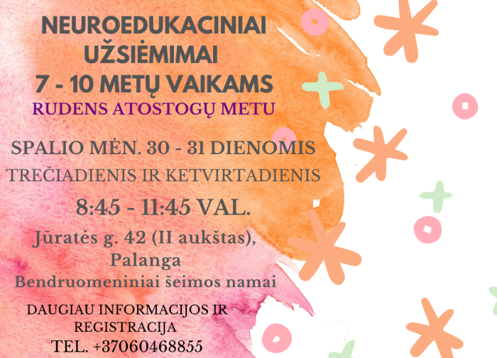 Rudens atostogų metu kviečiame vaikus (7-10 metų) dalyvauti neuroedukaciniuose užsiėmimuose
