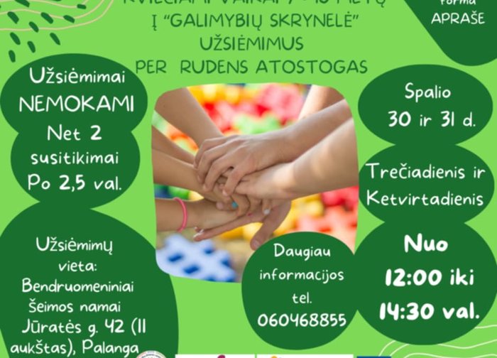 Kviečiami vaikai 7-10 metų į "Galimybių skrynelė" užsiėmimus per rudens atostogas