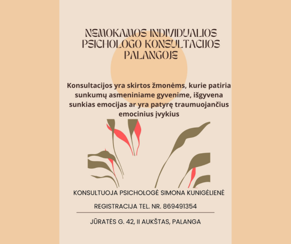 Pasinaudokite galimybe pasinaudoti individualiomis psichologo konsultacijomis asmenims nuo 16 m....