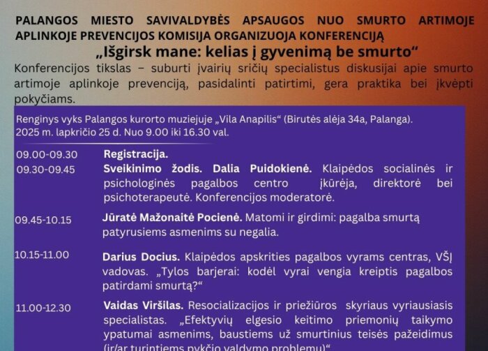 Smurto artimoje aplinkoje prevencijos komisija lapkričio 25 d. organizuoja konferenciją „Išgirsk...