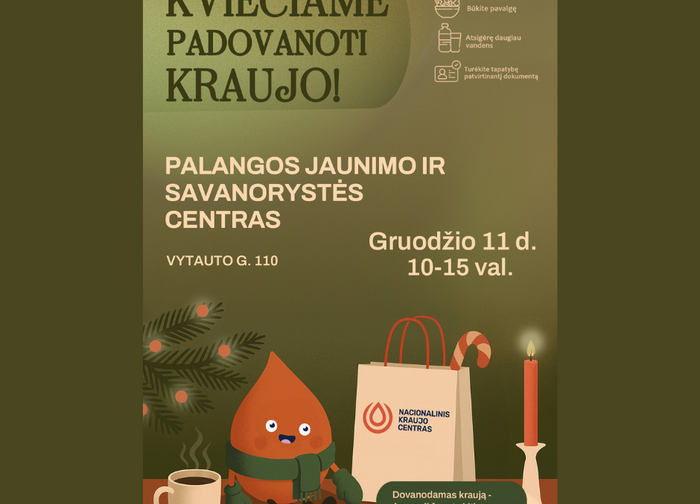 Gruodžio 11 d. Palangos jaunimo ir savanorystės centre kraujo donorystės akcija