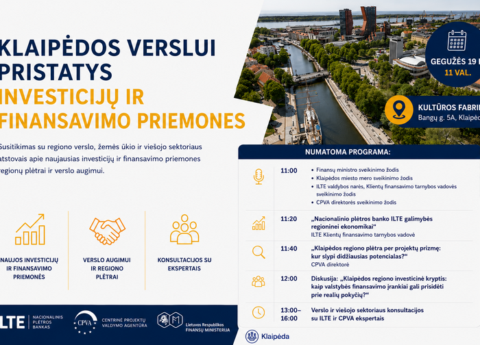 Klaipėdoje pristatys finansavimo priemones verslo ir regiono plėtrai