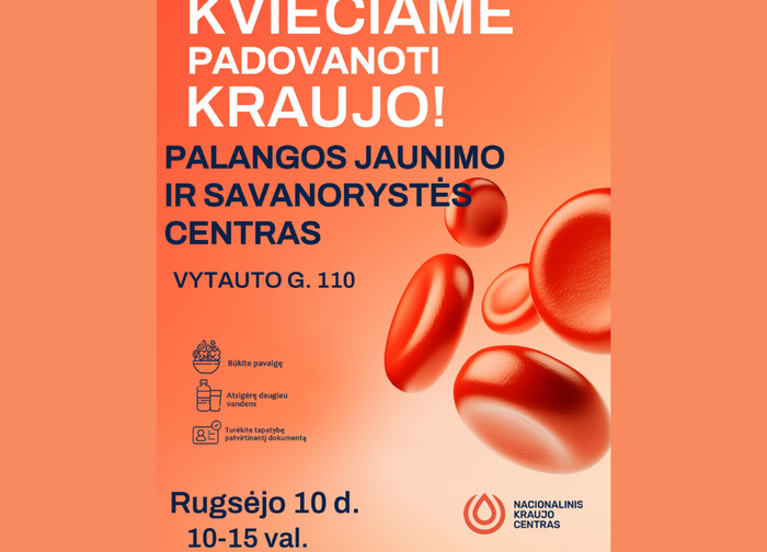 Rugsėjo 10 d. Palangos jaunimo ir savanorystės centre kraujo donorystės akcija